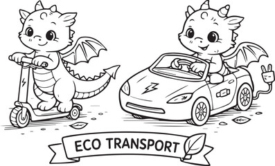 Black-and-white coloring page for kids aged 3&ndash;5, featuring two cute baby dragons using eco-friendly transportation. One rides an electric scooter, the other drives an electric car. Large, simple detai