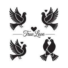 Fototapeta premium Sweetest Love Dove Silhouette Set Wedding Bird Icons with Hearts and Olive Branches