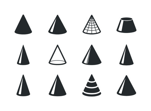 Cone. Solid icon set of Cone: geometric cone, 3D cone shape, solid cone, wireframe cone, truncated cone, pointed cone, cone outline, shaded