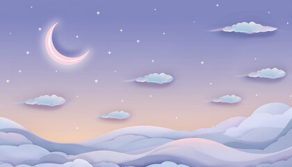 A serene night sky with a crescent moon, stars, and clouds over a peaceful landscape viewed from a distance