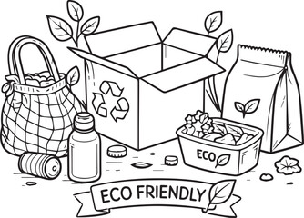Black and white coloring page for kids: eco-friendly packaging theme. Large, simple details for toddlers to color, teaching sustainability, recycling, and environmental care in a fun way.