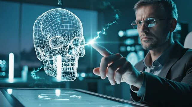 Man touches holographic skull with digital interface in laboratory. Scientist analyzes skull hologram using gesture technology. Man interacts with skull model. Digital anatomy visualization.