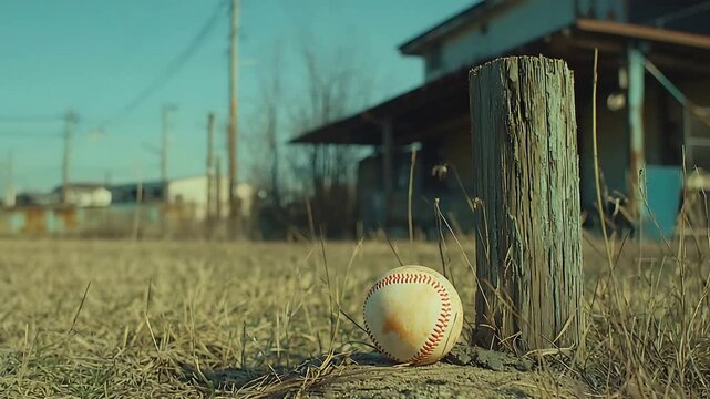 Worn Baseball Rests on Dry Ground Next to a Weathered Post in Abandoned Rural Landscape.