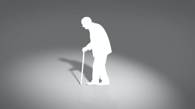 Papercut style silhouette of an elderly man using a cane, representing aging, mobility, senior life, vulnerability, experience, and respectful portrayal of old age.