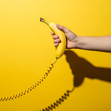 Hand holding banana as phone with coiled cord on yellow background  