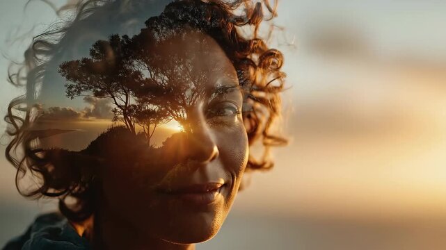 A person outdoors at golden hour, subtle motion blur and layered exposure suggesting multiple identities within one individual, peaceful and empowering mood, mental health awareness video