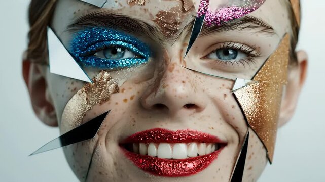 A person's face geometrically divided into sections like puzzle pieces, each section showing different makeup style and expression, seamless transitions