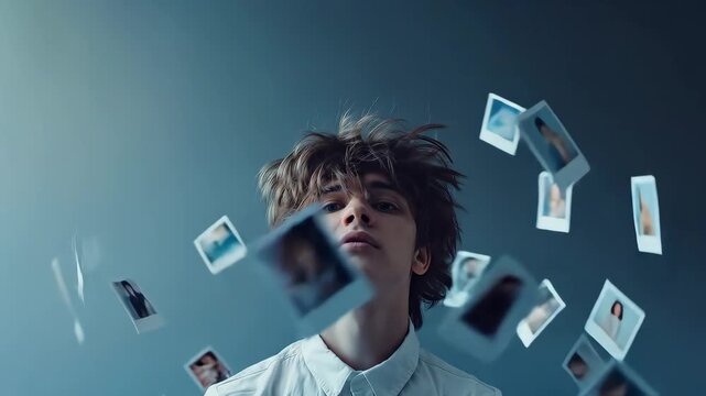 A person surrounded by floating polaroid photos of themselves in different roles and styles, levitating around their head, modern minimalist studio