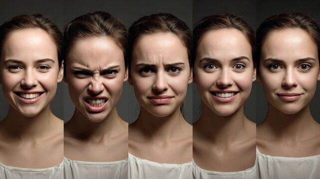 Composite portrait showing same person displaying  different emotions side by side - joy, anger, sadness, excitement, calm, seamless blend