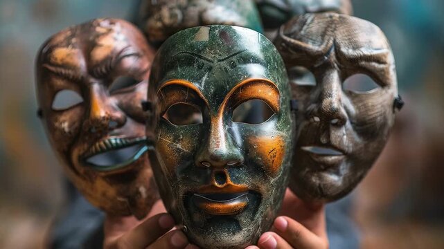 A person holding multiple theater masks in front of neutral background, each mask representing different personality trait