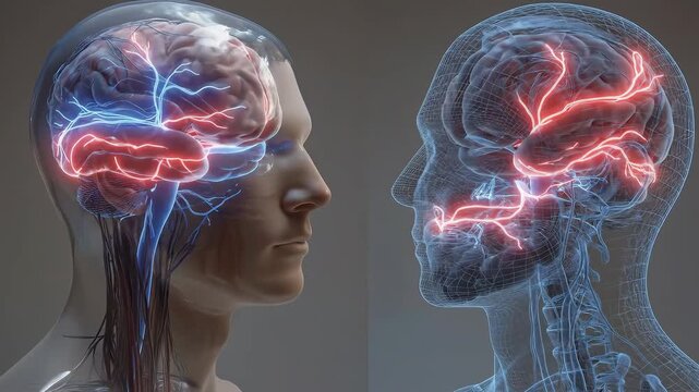 Scientific CGI of the same person and pose, semi-transparent head with brain showing subtle layered neural structures, controlled medical color coding (soft blues and muted reds), scientific clarity
