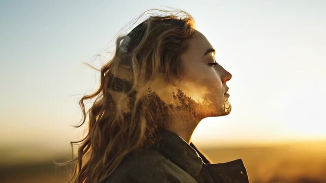 A person outdoors at golden hour, subtle motion blur and layered exposure suggesting multiple identities within one individual, peaceful and empowering mood, mental health awareness video