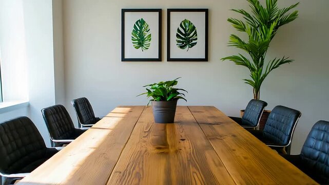 Bright and Modern Conference Room with Wooden Table, Black Chairs, and Green Plants.