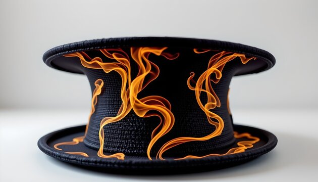 A cake with a unique design. The cake features a hat shaped top that resembles flames with orange icing. This detail gives the cake a dramatic, fiery appearance