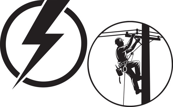 High voltage warning and lineman working on a utility pole