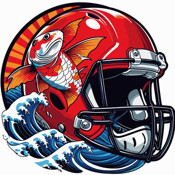 American football helmet ina koi pattern Japanese art style