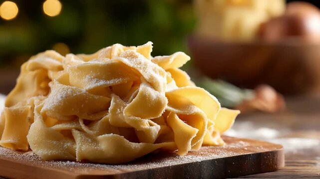 Delicious Fresh Handmade Pasta Dough Sprinkled with Flour on a Rustic Wooden Board.