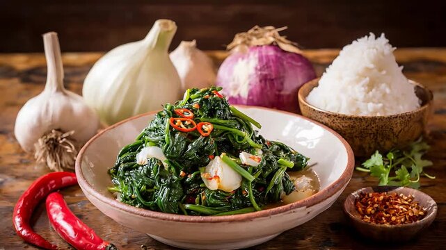 Authentic Asian Stir Fried Water Spinach with Rice, Fresh Garlic and Red Chilies.