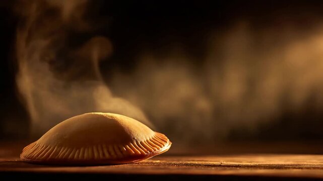 Freshly Baked Golden Pastry Steaming on a Rustic Wooden Table with Dramatic Lighting.