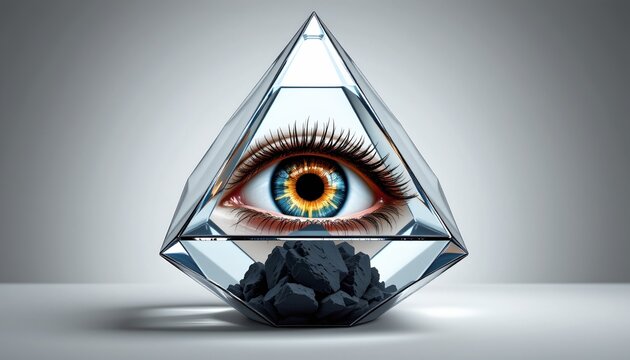 An intriguing scene featuring a large, translucent pyramid with an eye in its center. This eye is open, revealing intricate details that seem to emanate from it, creating an otherworldly atmosphere