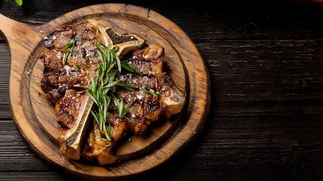 Delicious grilled T bone steak with fresh rosemary and sea salt on wooden board.