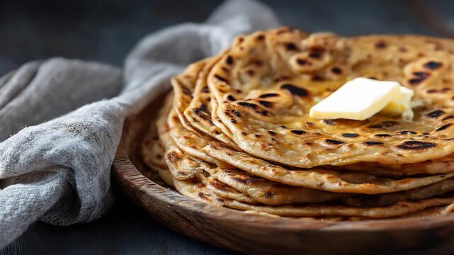 Warm Golden Indian Paratha Flatbread Stacked with Melting Butter in a Rustic Wooden Bowl.
