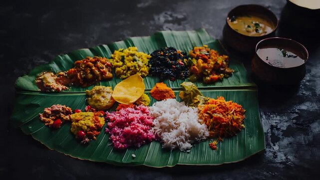 Vibrant South Indian Sadhya Feast Served on Green Banana Leaf with Traditional Dishes.
