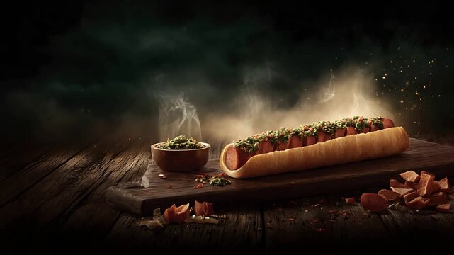 Appetizing Hot Dog in a Bun Topped with Fresh Green Sauce on Rustic Wood.