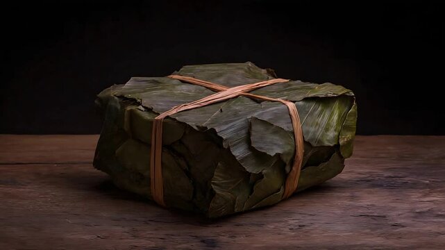 Delicious Traditional Meal Wrapped in Natural Green Leaves on Rustic Wooden Background.