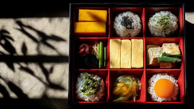 Delicious Japanese Bento Box Meal with Rice, Eggs, and Vegetables in Sunlight.