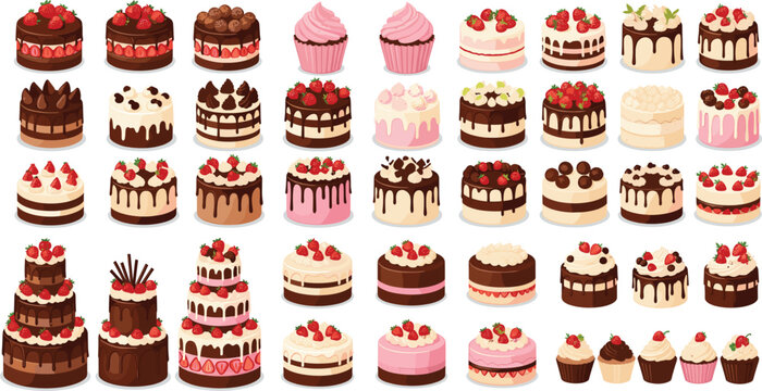 Hand drawn chocolate and strawberry cake collection featuring layered birthday desserts cupcakes and sweet bakery treats vector illustration set