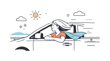 Road trips with windows down. Side view of a car cruising along a highway, hair and fabric gently moving in the breeze. Calm sense of motion