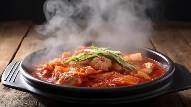 Steaming hot Korean kimchi jjigae bubbling in a traditional pot on a rustic wooden table.