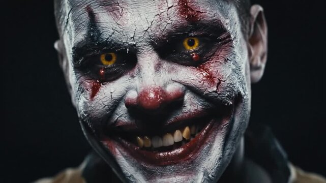 Creepy zombie with yellow eyes staring intensely in darkness