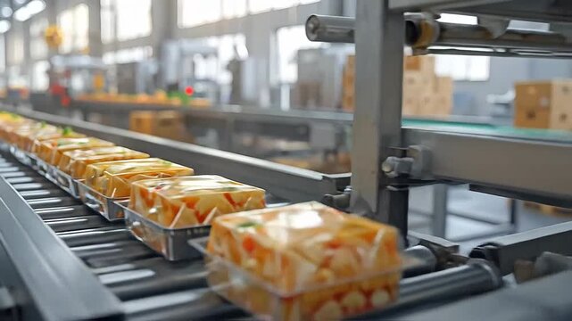 Food containers move along a conveyor belt in a food processing factory for distribution and sale.