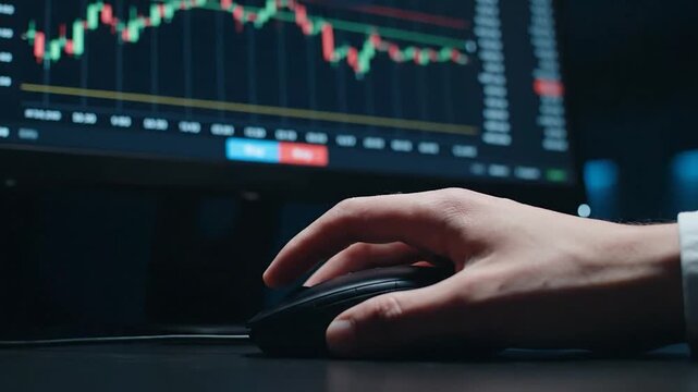 Hand using a mouse near a computer screen displaying financial data graphs