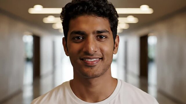 Optimistic young man headshot in institution corridor, embodying patient recovery, wellness, and global health awareness support.