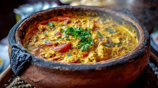 Traditional Hot Brazilian Moqueca Stew with Fresh Herbs Served in Clay Pot.