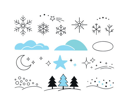 Winter seasonal vector pack. Snowflakes, stars, and soft abstract shapes presented as a clean, modern set. Calm and cozy seasonal mood for