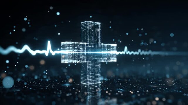 A 3D wireframe cross stands amidst pulsating neon lights and digital data streams in a futuristic technological landscape viewed from a slight elevation