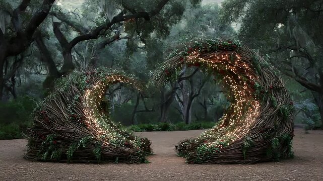 Enchanting Heart Arches Crafted from Twigs Illuminate a Magical Forest Setting with Twinkling Lights.