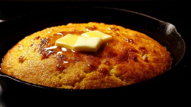 Delicious Golden Cornbread in Cast Iron Pan with Melting Butter and Sweet Syrup.