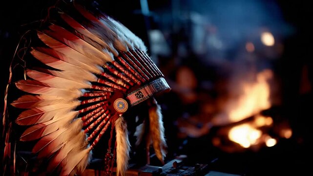 Majestic Native American Headdress Adorned with Feathers by a Blazing Campfire at Night.