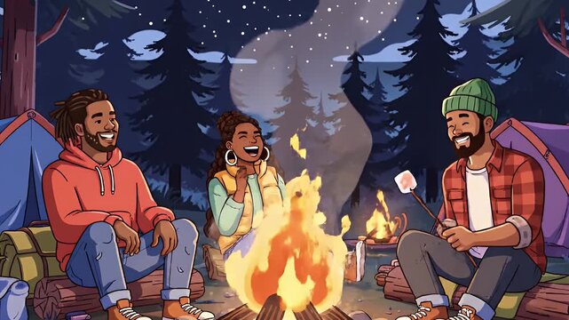 Diverse friends enjoying campfire and talking while camping at night