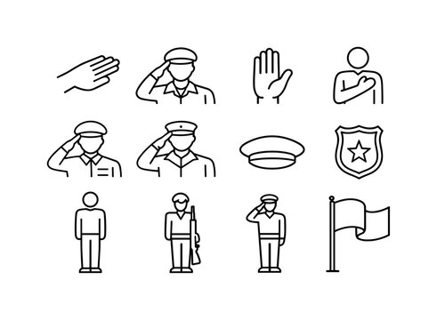 Salute Icon Set. Salute. Line icon set of Salute: hand salute, military salute, respect gesture, raised hand, honor pose, greeting salute, formal salute,