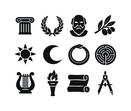 Ancient philosophy symbols. Solid icon set of Ancient philosophy symbols: Greek column, laurel wreath, Socratic bust, olive branch, sun