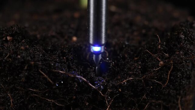 Close-up of sensor in soil testing nutrients for plants and growth, earth, roots.