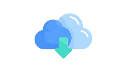 Fototapeta premium Blue and light blue clouds with a green download arrow isolated on a transparent background