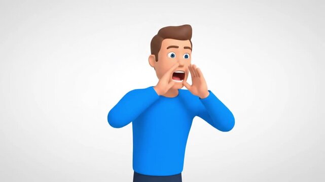 3D cartoon character with brown hair wearing a bright blue shirt and black pants, cupping hands around mouth as if shouting or calling out, posed against a plain light gray background to symbolize 