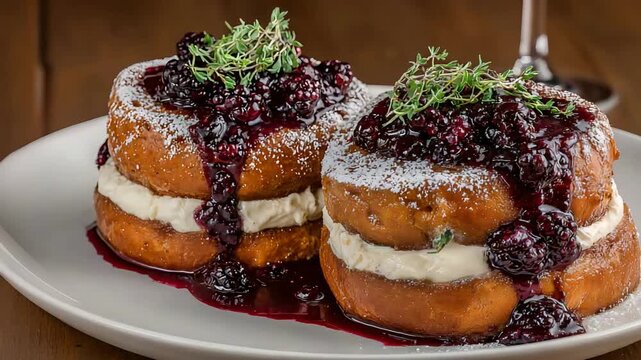 Decadent Brioche French Toast Stacks with Fresh Berry Compote and Creamy Filling.